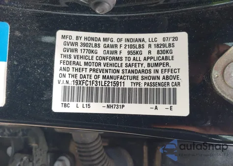 2020 Honda Civic Ex z USA, uszkodzony, nr VIN 19XFC1F31LE215911